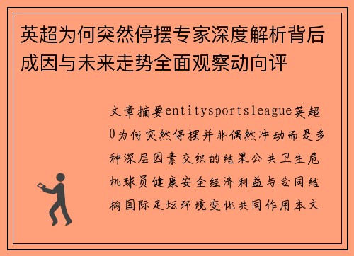 英超为何突然停摆专家深度解析背后成因与未来走势全面观察动向评